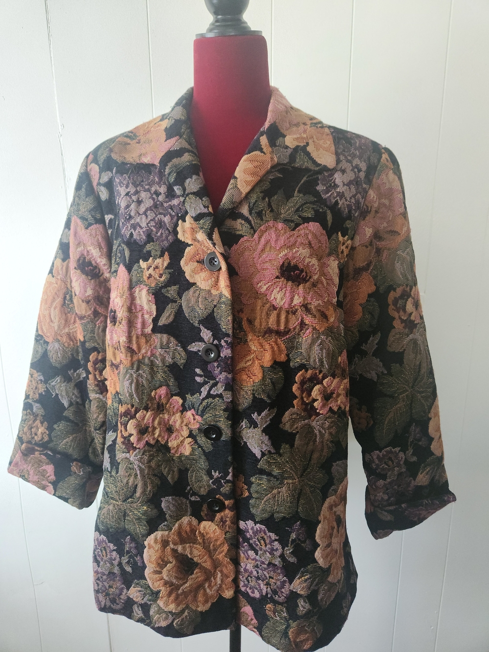 Dress Barn Black Floral Jacquard Blazer with Pink and Gold Blooms 14w